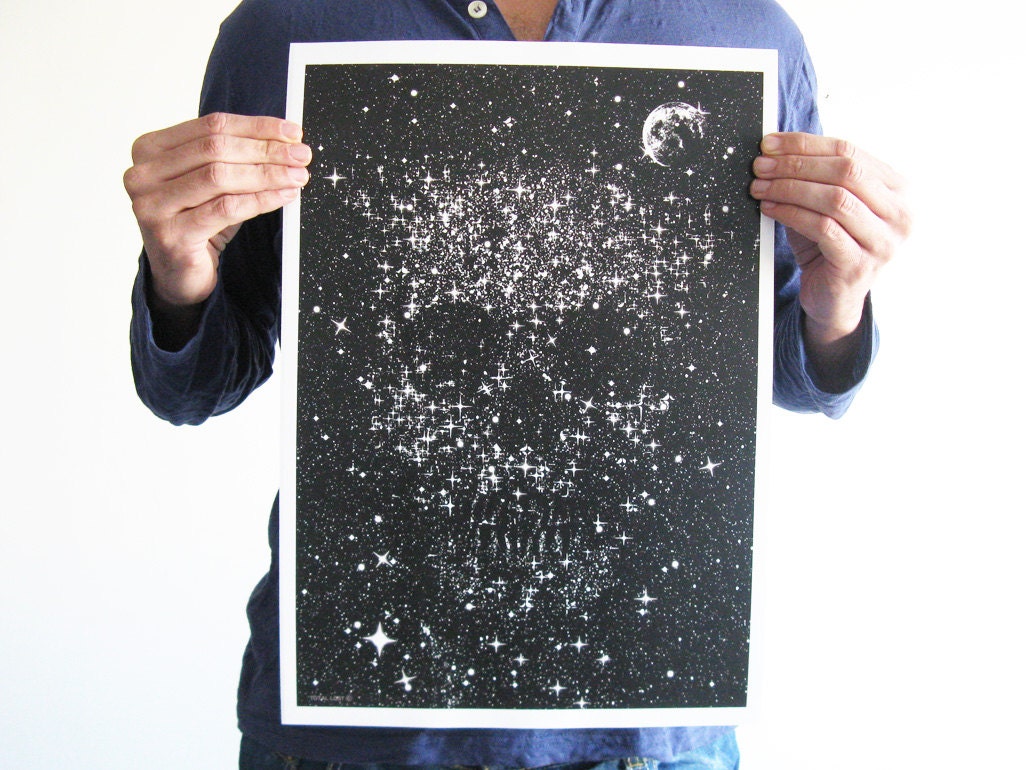 Original digital print skull space moon stars black white creepy horror goth art poster