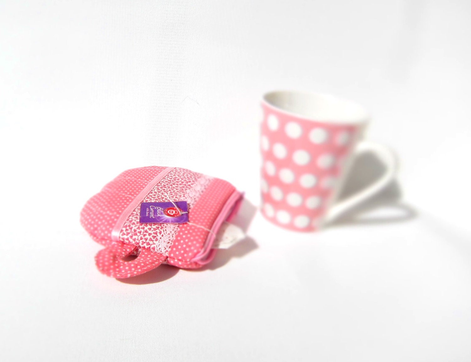 Teacup shaped Zipper Pouch - pink white polka dotted cotton with pink satin ribbon and pink lace