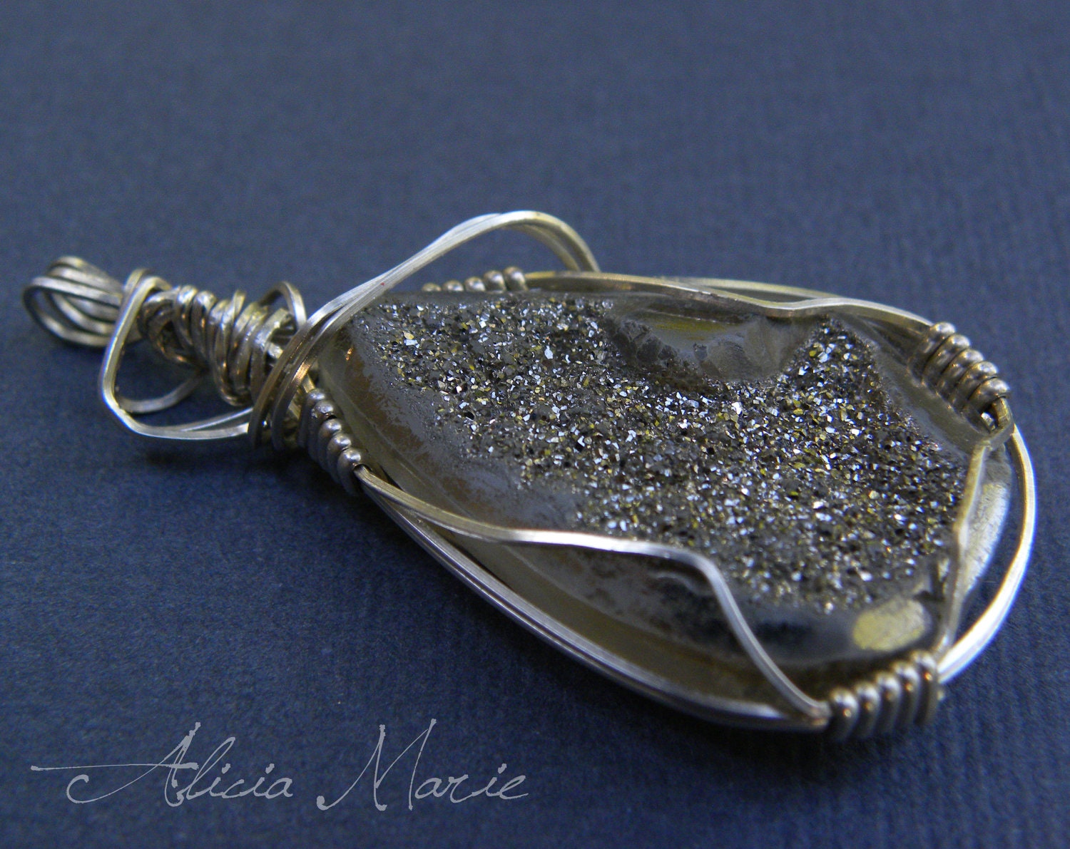 Starry Night - Titanium Coated Silver Druzy Sterling Silver Wire Wrapped Teardrop Pendant