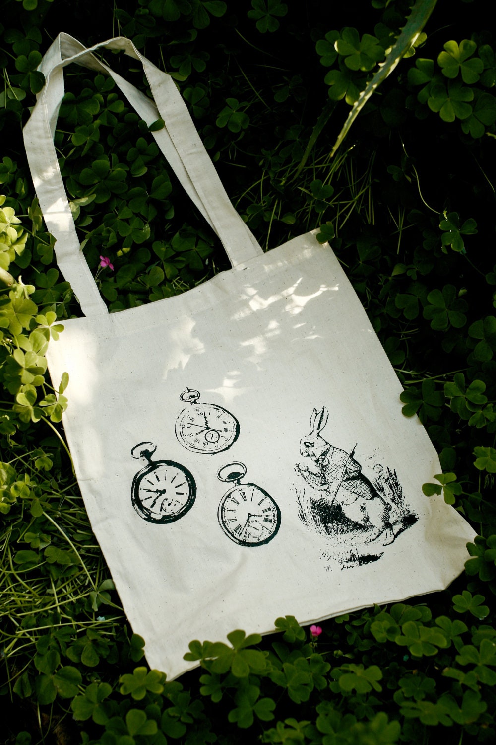 Vintage Watch and White Rabbit Cotton Tote Bag Purse