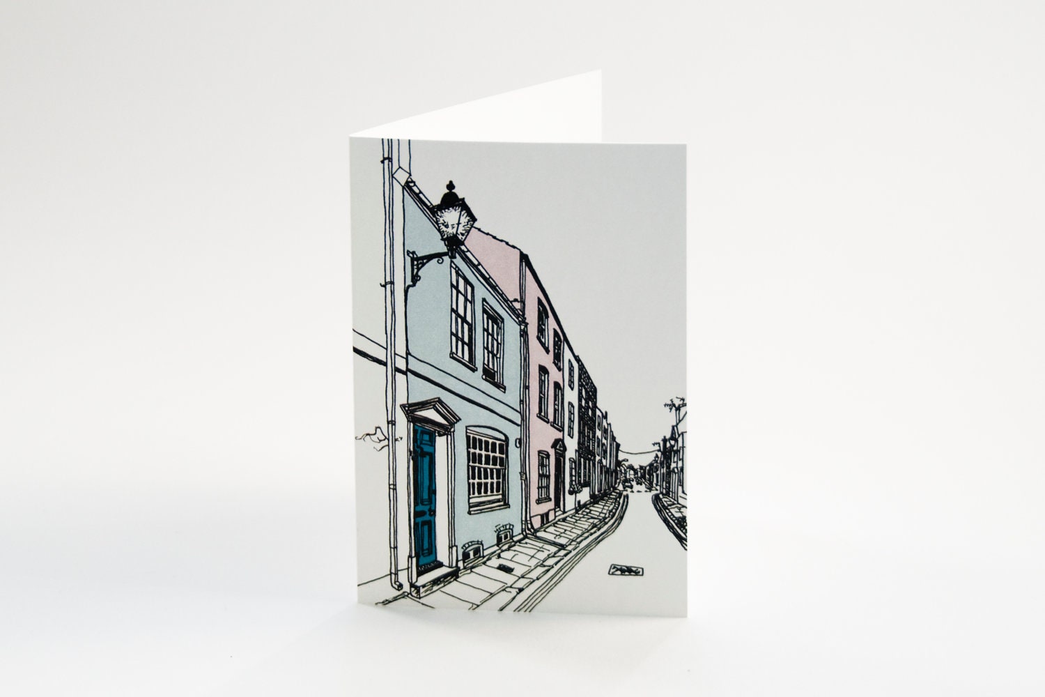 Greeting card with illustration of an English street