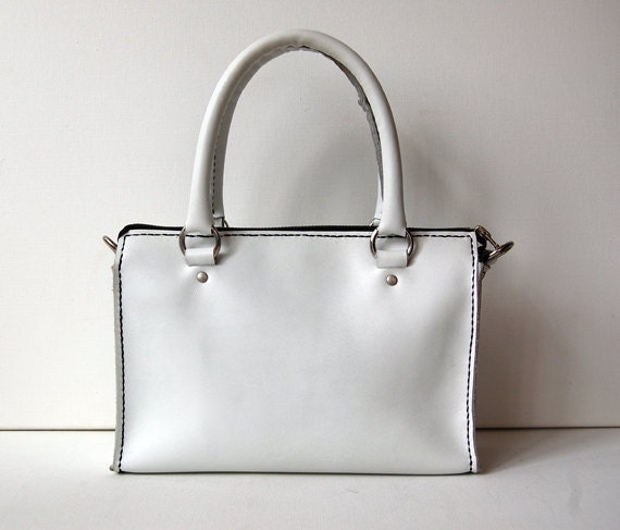 Handmade White Leather Small Satchel Handbag