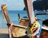 Thailand Longtail Boat in Ocean Photograph, Colorful Blue Thai Water, Southeast Asia - 8x10" Fine Art Photo Print