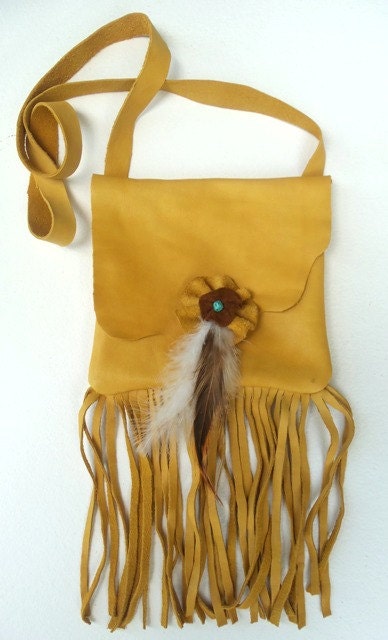 Golden Yellow Deer Skin Hand Stitched Fringed Leather Bag Fathers Day Gift for Him