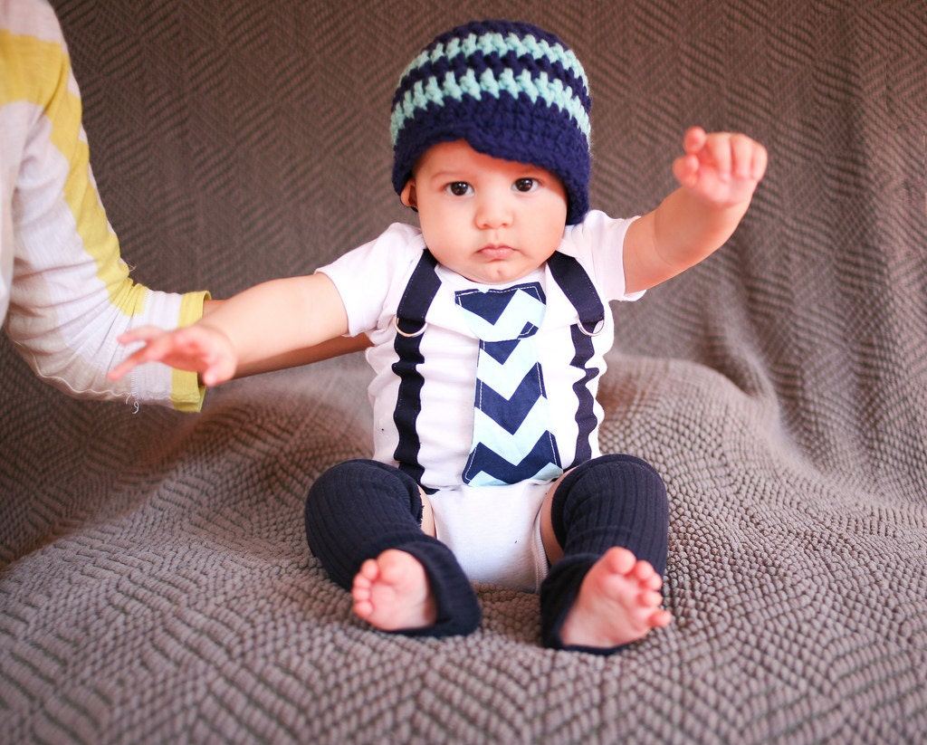 GET THE SET - Baby Boy Tie Onesie or Shirt with Suspenders and matching hat  - Aqua and Navy Blue