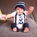GET THE SET - Baby Boy Tie Onesie or Shirt with Suspenders and matching hat  - Aqua and Navy Blue