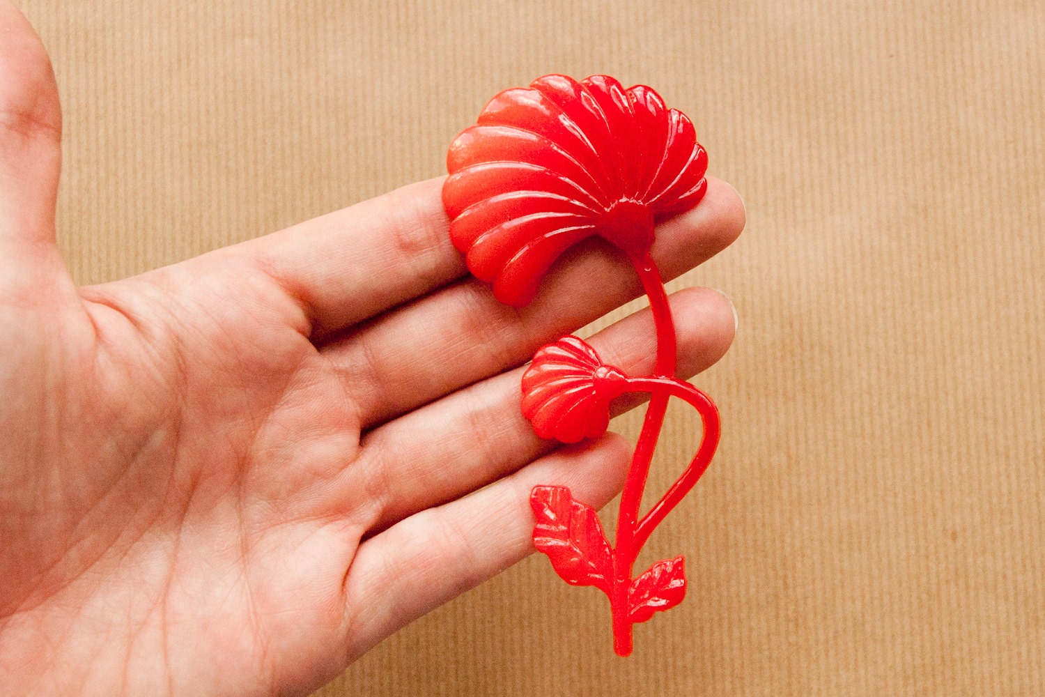 Vintage Flower Brooch Red Plastic Large Pin