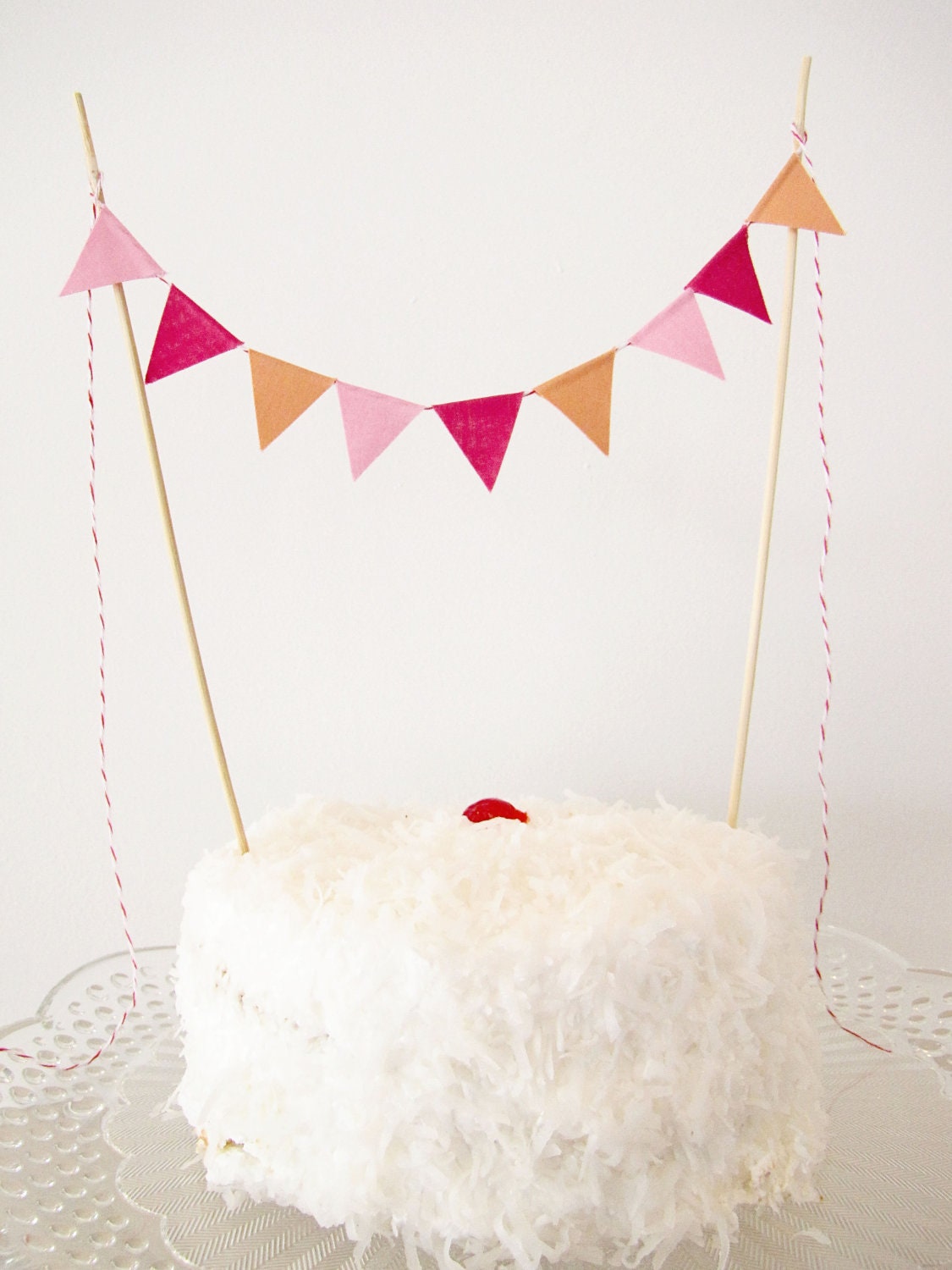 Fabric Cake Bunting Decoration - Cake Topper - Wedding, Birthday Party, Shower Decor in pink, fuschia, and apricot