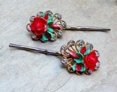 Vintage Red Rose Celluloid Mint Shell Bobby Pins, Artisan Upcycled