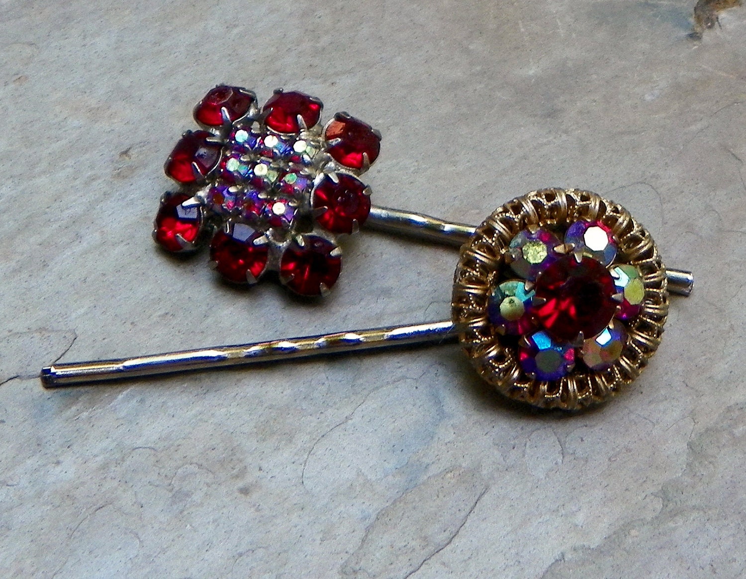 Vintage Red Ruby AB Rhinestone Bobby Pins, W Germany Czech