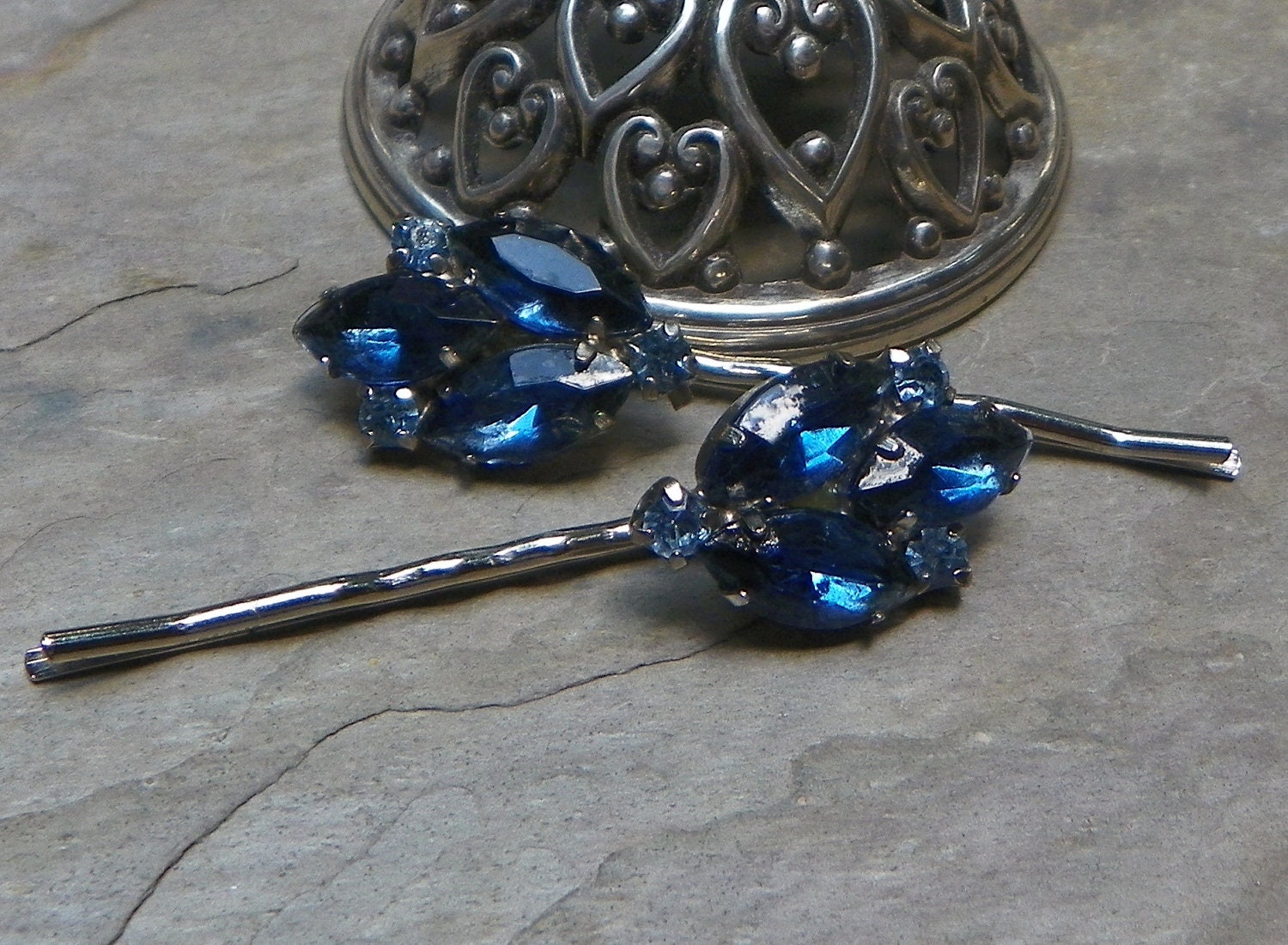 Winter Bridal Blue Rhinestone Hair Pins, Vintage Recycled