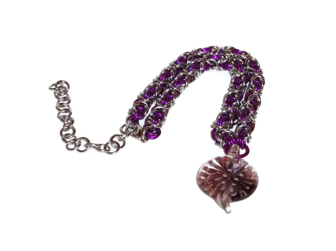 Violet Glass Heart Pendant Chainmaille Choker Necklace
