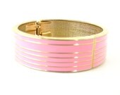 Retro Pink Cuff Bracelet, Enamel Pink and Gold, Stripes, Vintage Jewelry, Summer Pastels