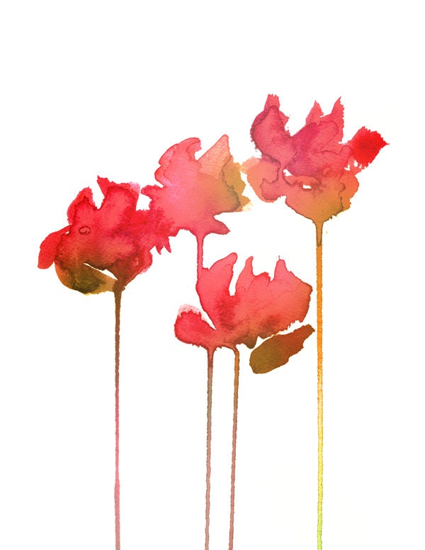 Red Flowering Birds - 8 x 10 Abstract Watercolor Print