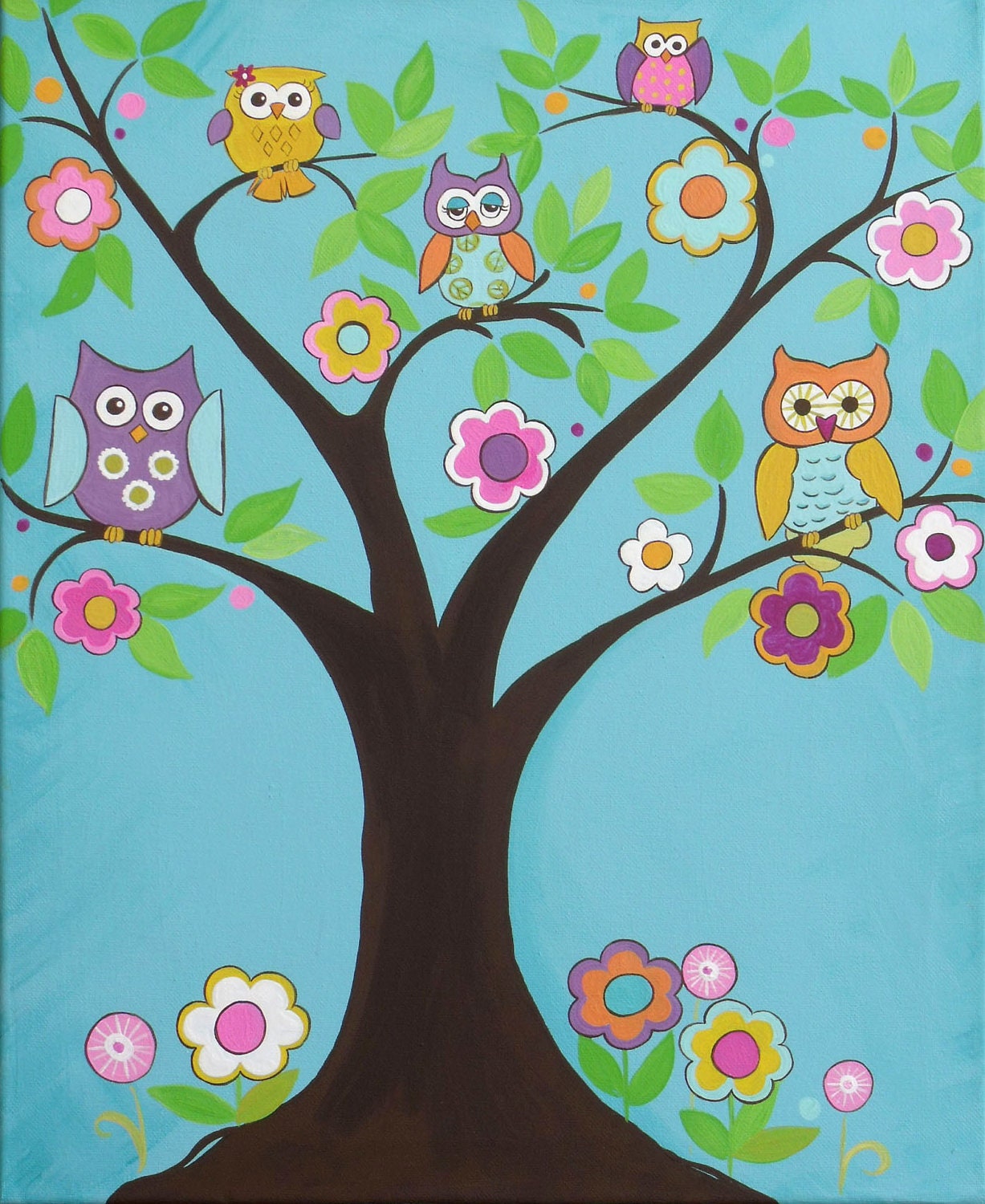 16x20 print of Owls in a tree painting