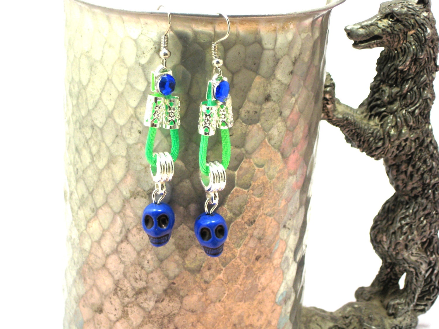 Handmade Blue Skull Earrings Green Satin Cord Handmade Blue Skull  Antiqued Earwires Sterling Silver Cut Out Beads Over Green Satin
