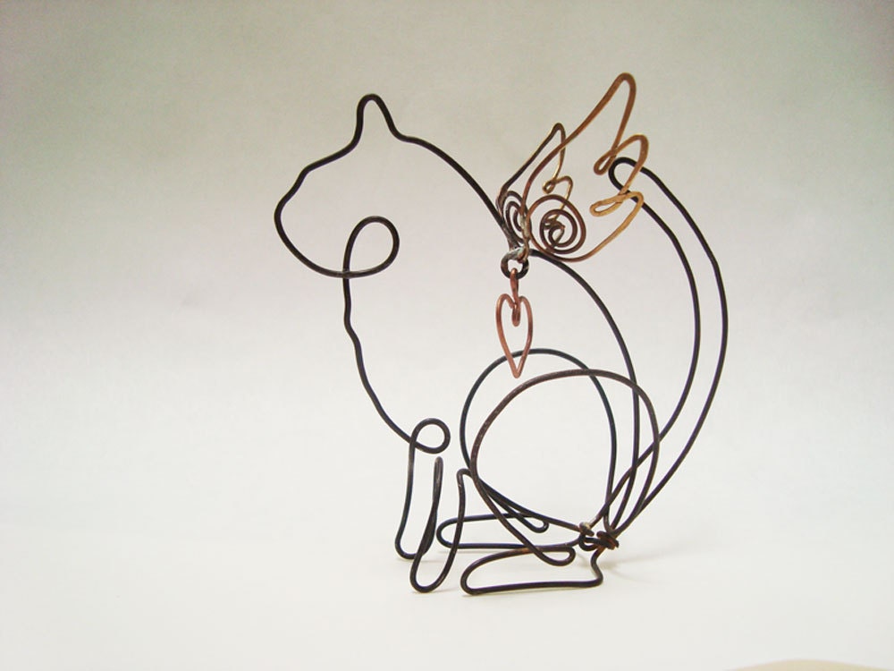 Cat with Heart  continuous wire sculpture with copper heart
