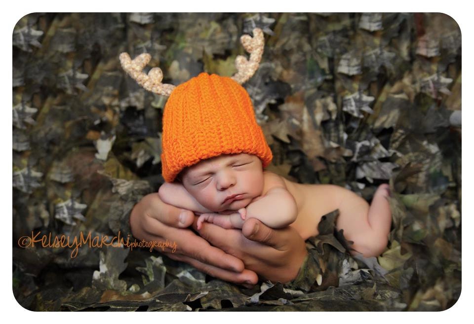 Daddy's Little Deer Hunter Crochet Blaze Orange Beanie Hat with Antlers -Newborn/Infant