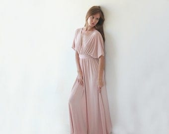 Pink Blush , Maxi Bridesmaid , Evening Dress , With Bat Sleeves