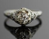 Antique Diamond Filigree Ring - 18K White Gold Ring with European Cut Diamond