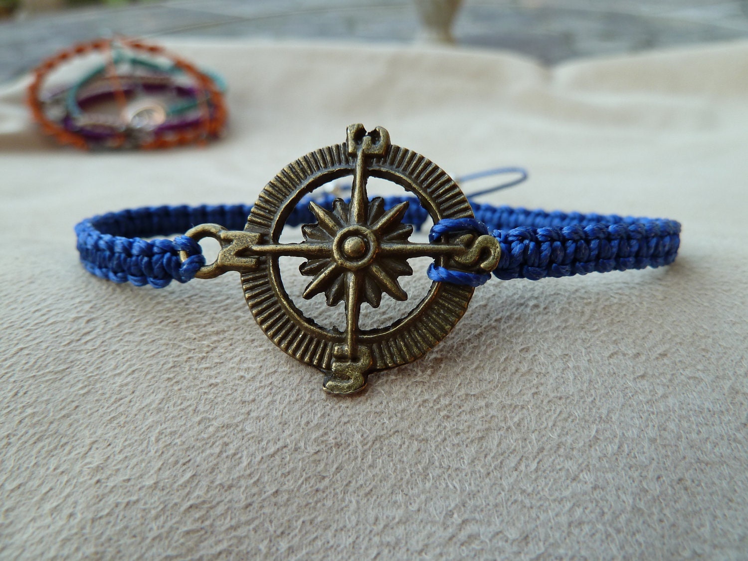 Blue Macrame Bracelet with Antique Brass Compass Charm & Sliding Adjustable Closure