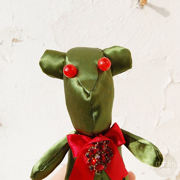Artist Teddy Bear, children toy stuffed animal green with red brooch, OOAK