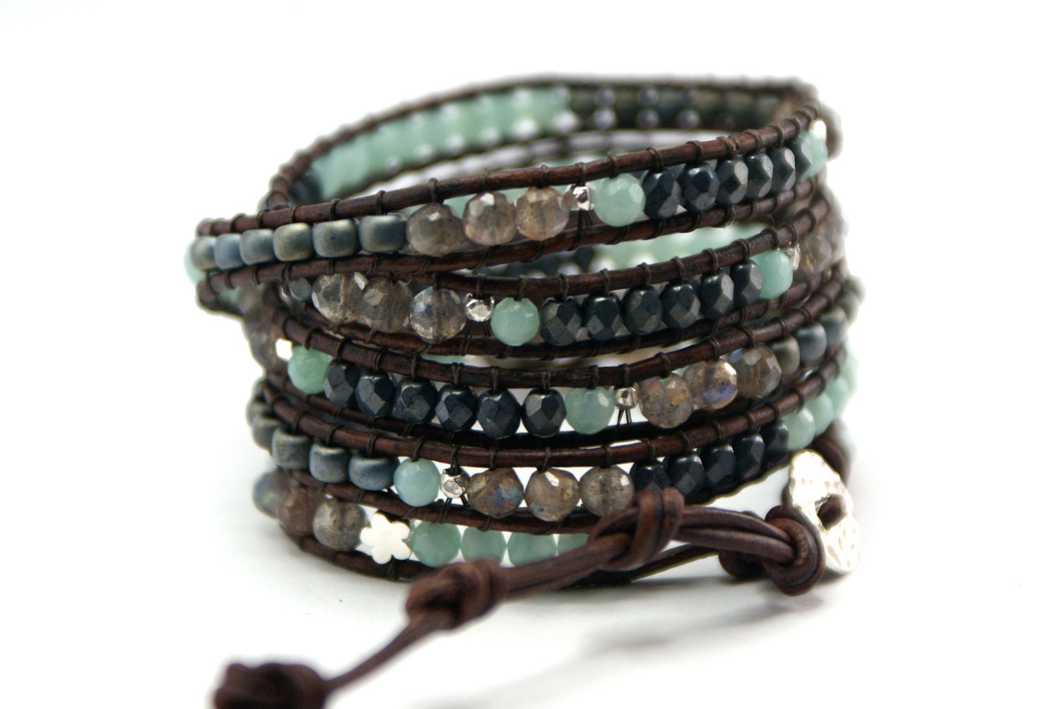 Semi precious bracelet - Labradorite leather wrap,Amazonite, Sterling Silver, Bohemian Chic, 5 x wrap - OOAK