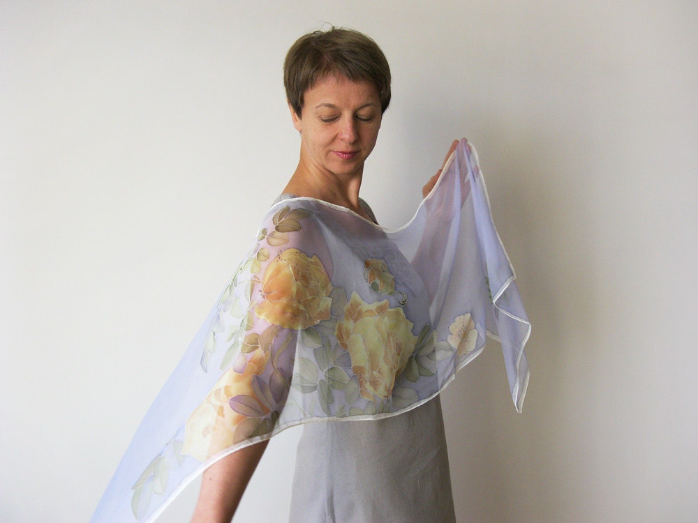 Hand painted silk chiffon scarf Lavender blue yellow white roses Pastel fashion - made TO ORDER
