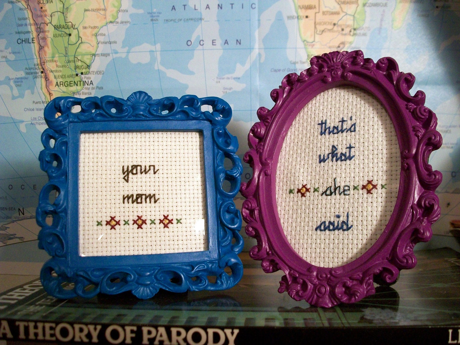 Your Mom cross stitch -- small framed cross stitch gift for escalating and winning arguments and insult wars