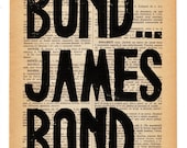 BOND James BOND PRINT on salvaged page book art print from original linocut design
