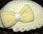 yellow and white crocheted baby cap with brim and bow- girls accessories- baby needs