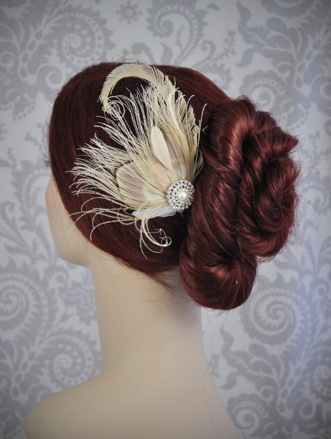 Ivory Peacock Feather Fascinator - Ivory Bridal Hair Accessory with Feathers, Hair Clip, Blush Pink Bridal Accessories
