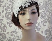 Bridal Hat, Bridal cap, Lace Bridal Headpiece, bridal headband, Birdcage Veil, Wide Net Beaded Lace Wedding cap 1920's, 1930's
