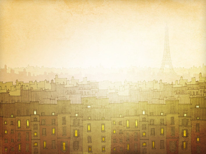 Paris illustration - Morning hope - Fine art illustration, Fine art prints, Art Posters, Paris art, Paris decor,Eiffel tower,Wall art,Yellow
