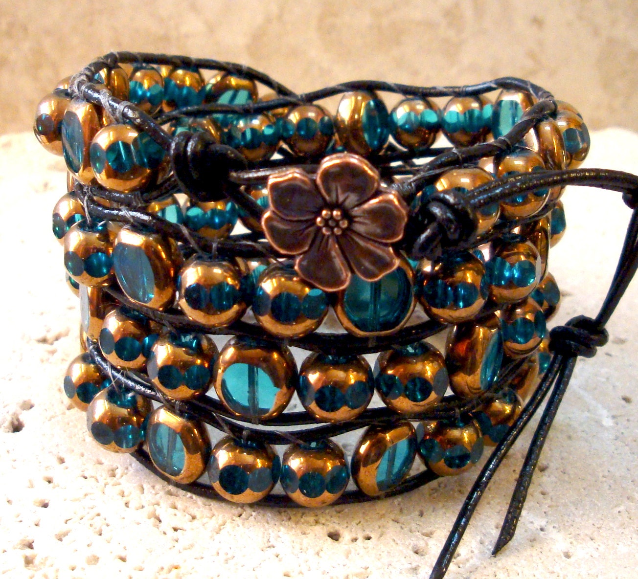 Romantic, Vintage Look Aqua & Antique Gold Handmade Leather 4-Wrap Bracelet