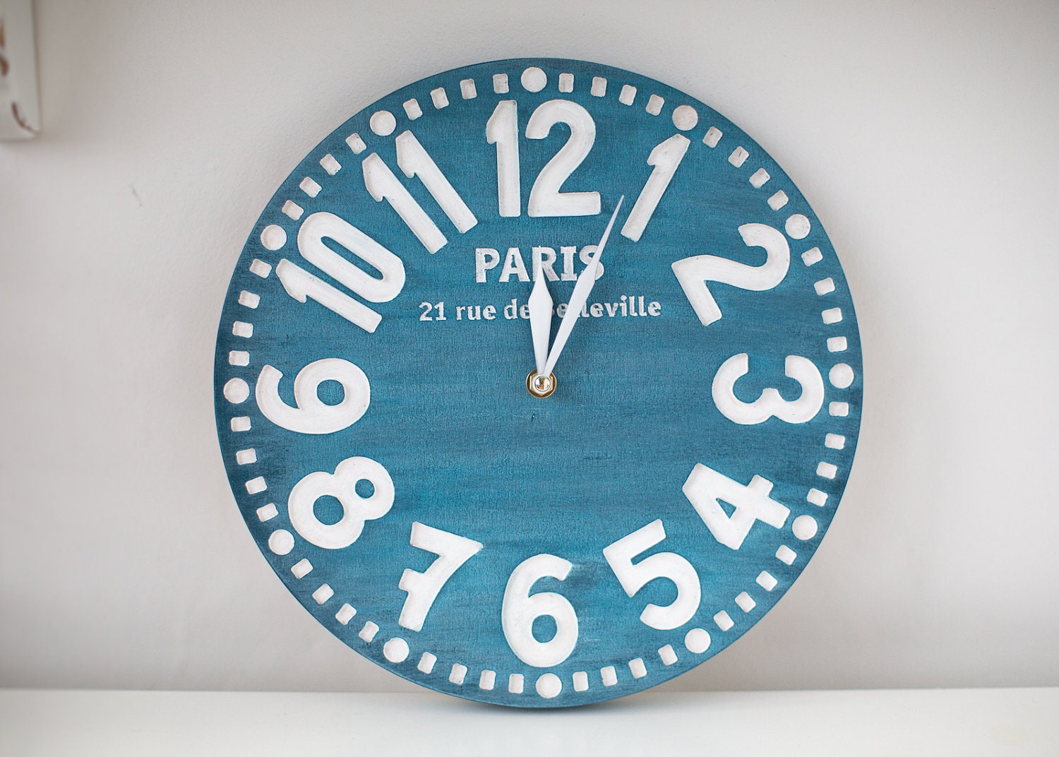 Vintage clock -Paris antique blue- pseudo vintage birch clock hand painted antique blue color blackboard style