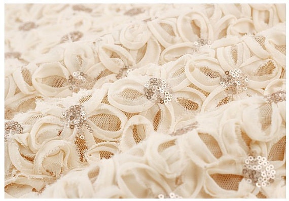 Chiffon Lace Fabric Ivory 3D Rosette Sequin Embroidery Lace Fabrics Fashion Wedding Dress Fabrics Supplies