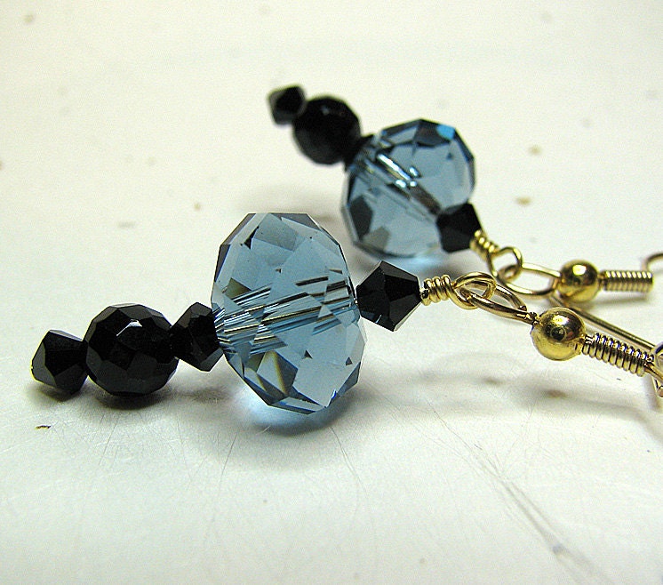 Blue crystal earrings Black onyx gemstone earrings Pierced dangle beaded earring Swarovski crystal beaded jewelry