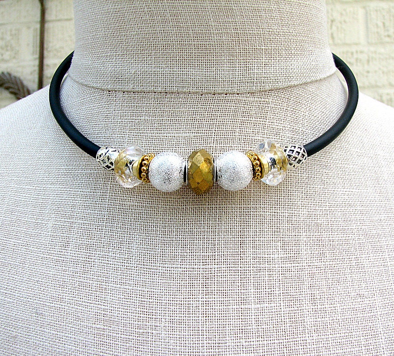 Gold and silver beaded necklace Mixed metal necklace Urban chic black rubber necklace European style beads  Contemporary beaded jewelry