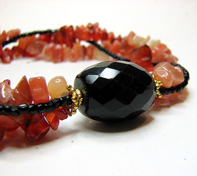 Multi strand statement necklace Black onyx necklace Rust peach gemstone necklace Gemstone jewelry Multistrand beaded jewelry