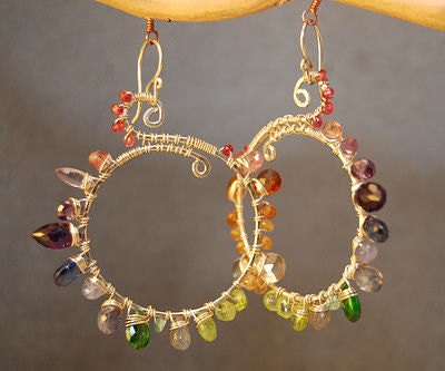 Luxe Bijoux 30 Hammered hoops wrapped with multi gemstones