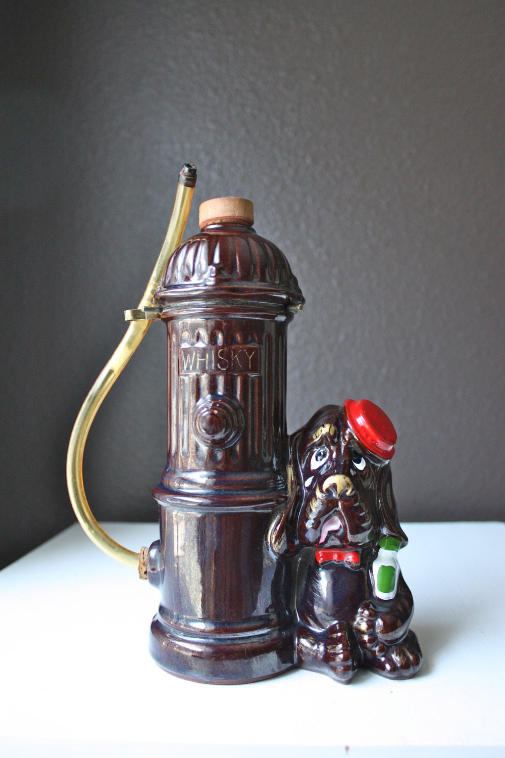 Vintage Glass Whisky Decanter - Cute Sick Puppy Dog & Fire Hydrant