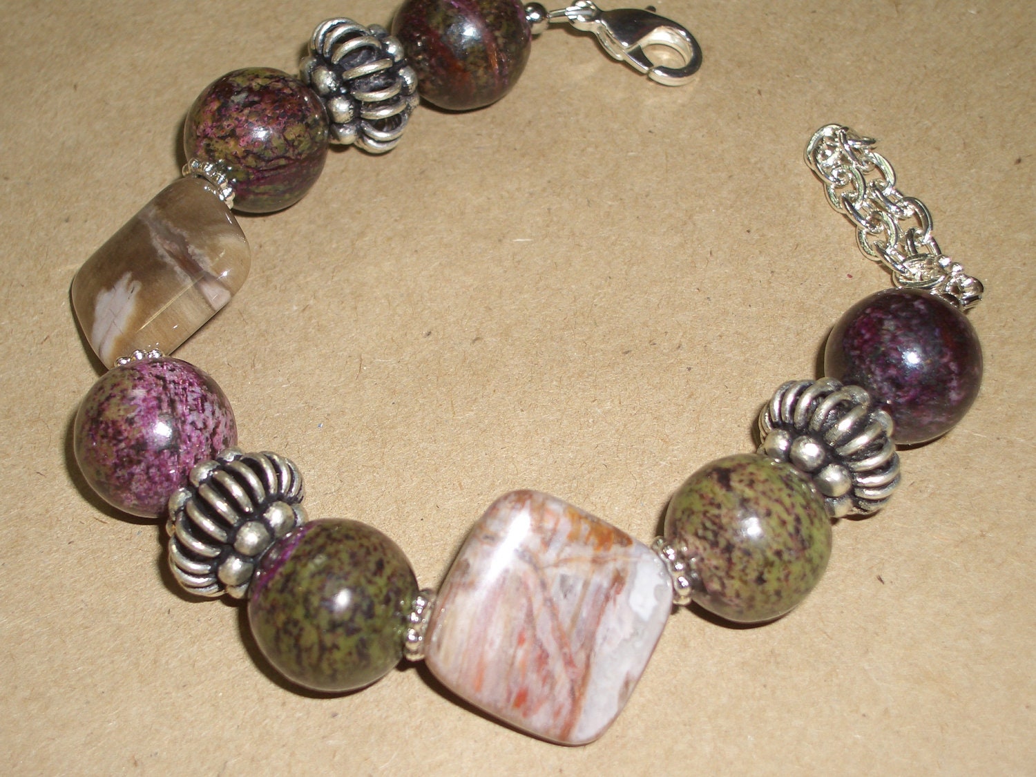 Charoite Amethyst and Jasper Bracelet / Purple and Gray / Chunky Stones / Antique Silver Beads - 7" long - B65