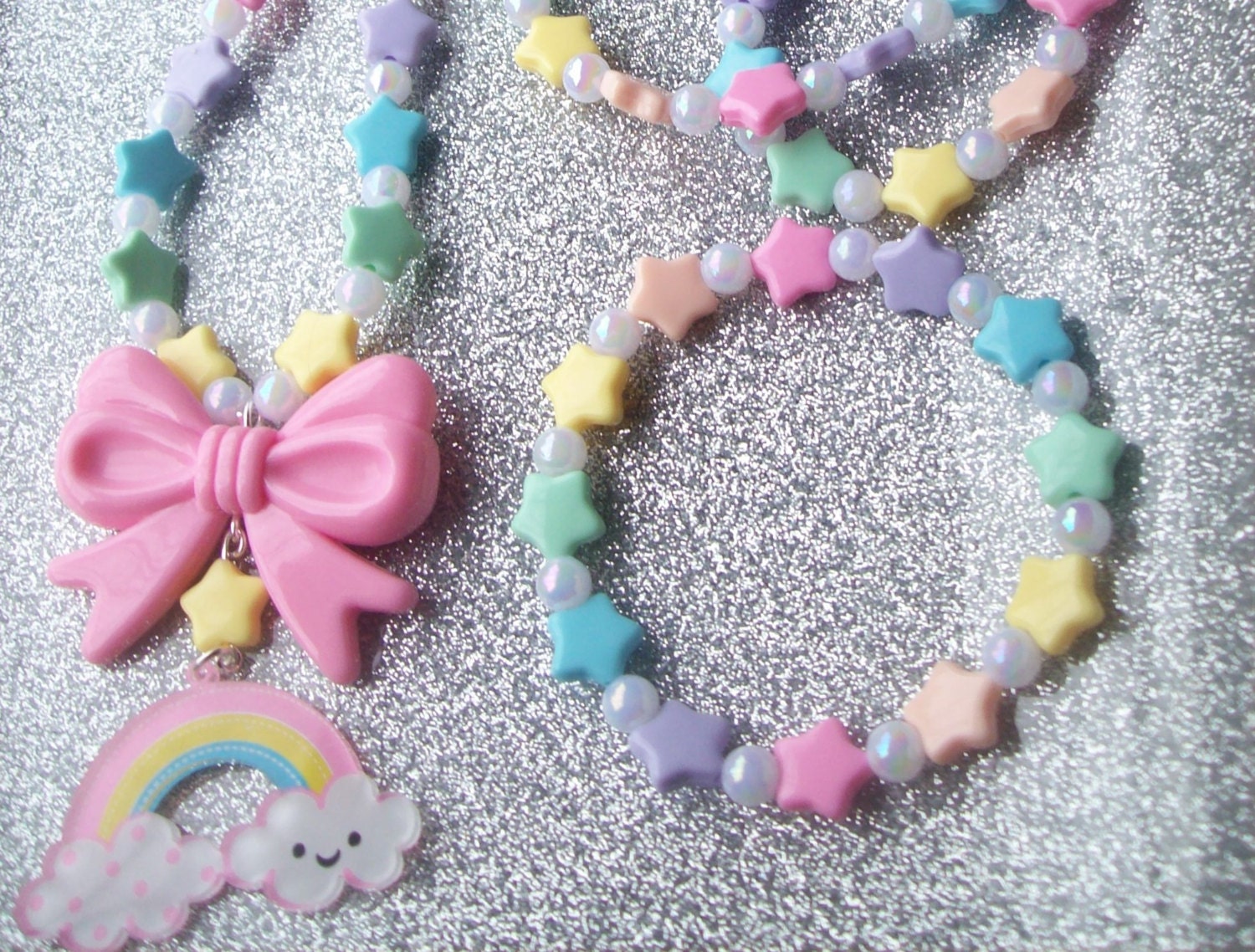Sweet Skies - Pastel Happy Rainbow and Stars Necklace with Matching Stretch Bracelet