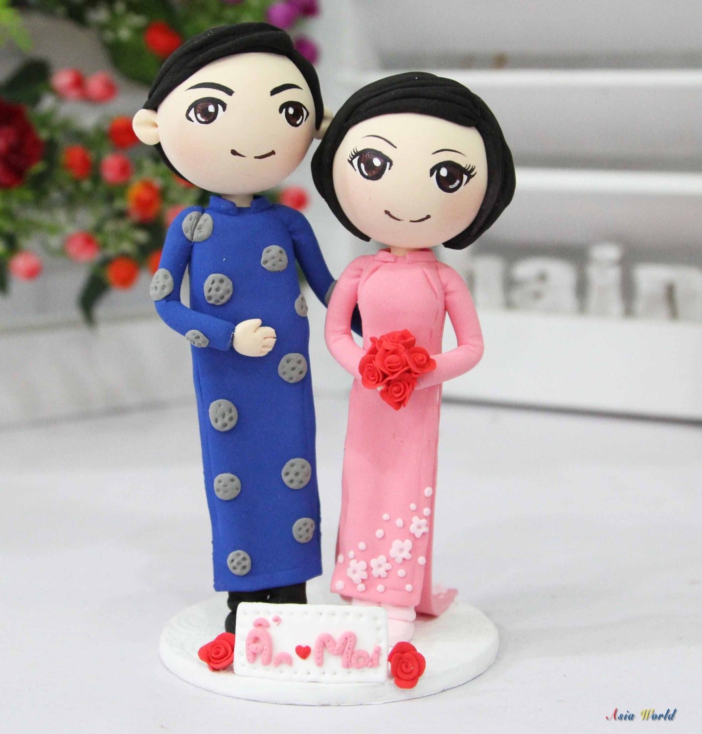 Vietnam beautiful pink Ao Dai  Wedding cake topper clay doll, Engagement party decoration clay figurine, Bridal shower clay miniature