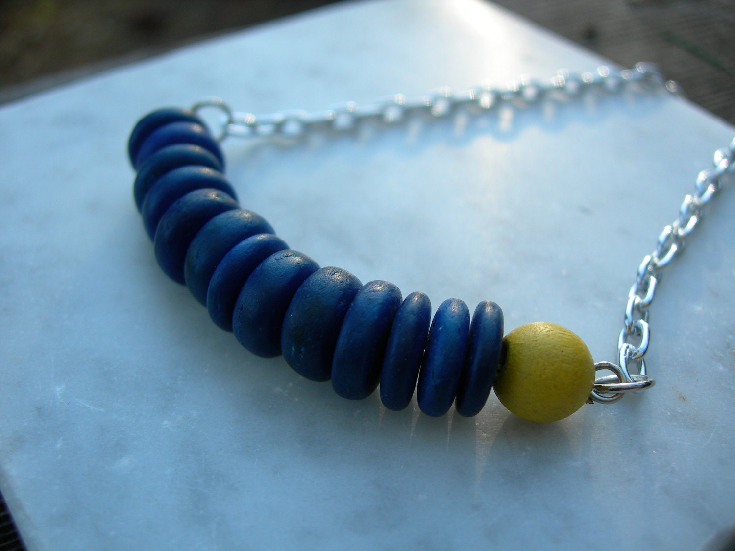 Skyburst Reclaimed Blue and Yellow Wood Necklace