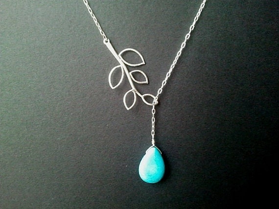SALE - Leaves with turquoise Lariat Necklace - bridesmaid gifts,jemstone,Wedding jewelry, mother's day gift