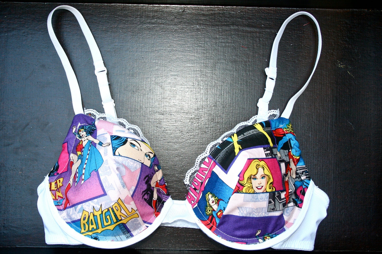 SUPER SWEET: White Bra with Superhero Girl Comics Fabric and White Lace Peeking Out