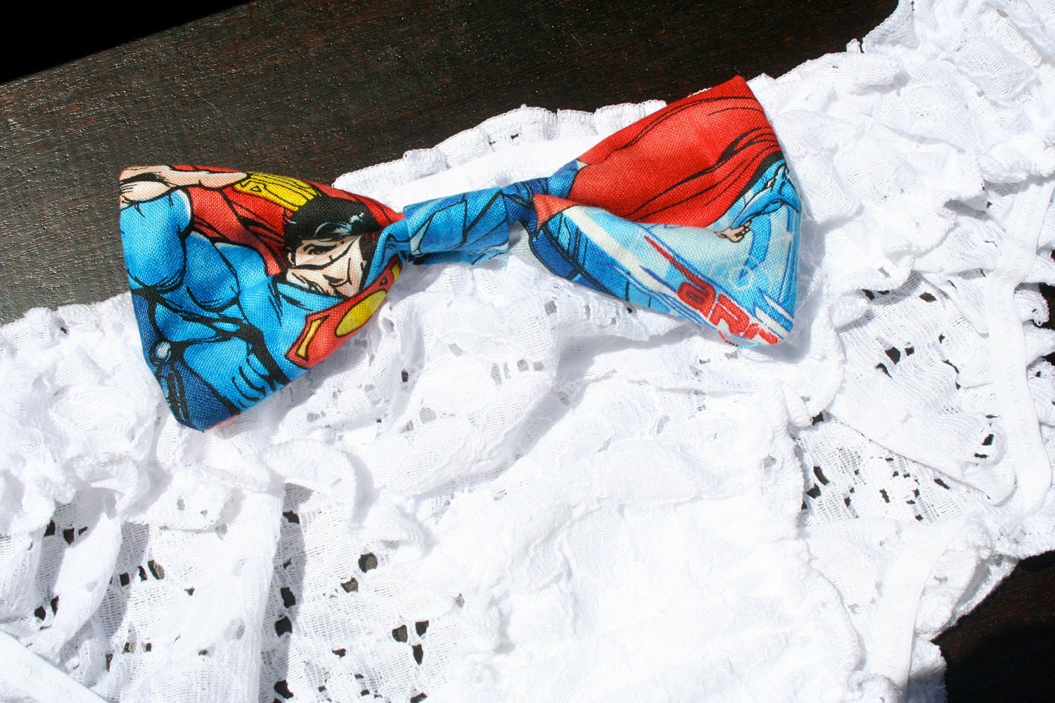 SUPER RUFFLED SUPERMAN Push-Up Set: White Push-Up Bra with Superman Comics Fabric and Matching Bow Panties