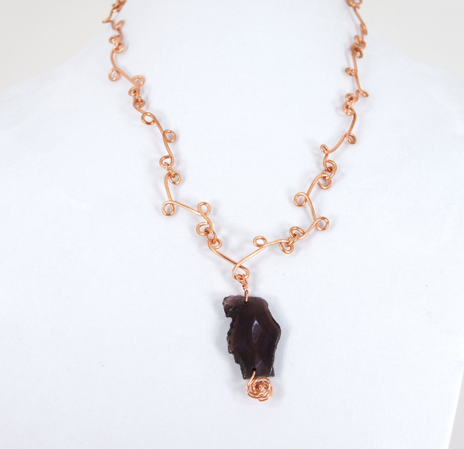 Copper Curled Link Necklace with Dropped Amethyst Pendant 1315